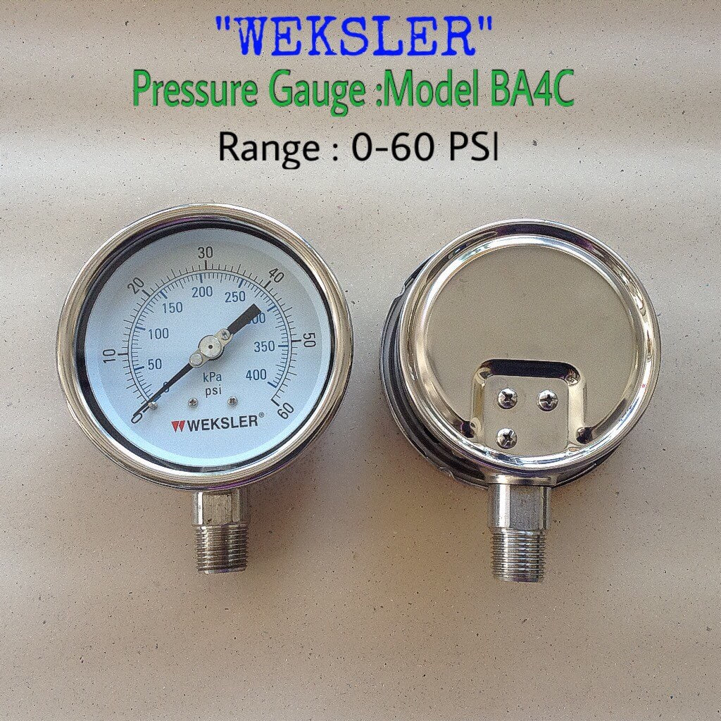 WEKSLER Pressure Gauges "WEKSLER" 4 นิ้ว 0-400KPA/0-60PSI ออกล่าง 1/2" สแตนเลส NPT