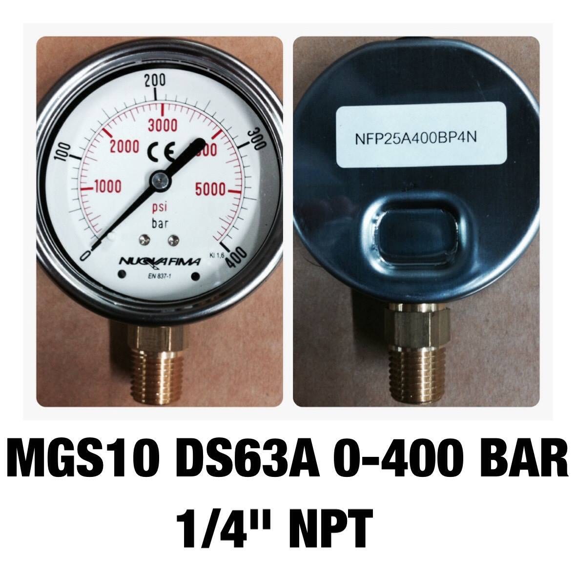 NUOVA FIMA Pressure Gauges 2.5 นิ้ว 0-400 BAR (5800PSI) ออกล่าง เกลียว 1/4" NPT ทองเหลือง